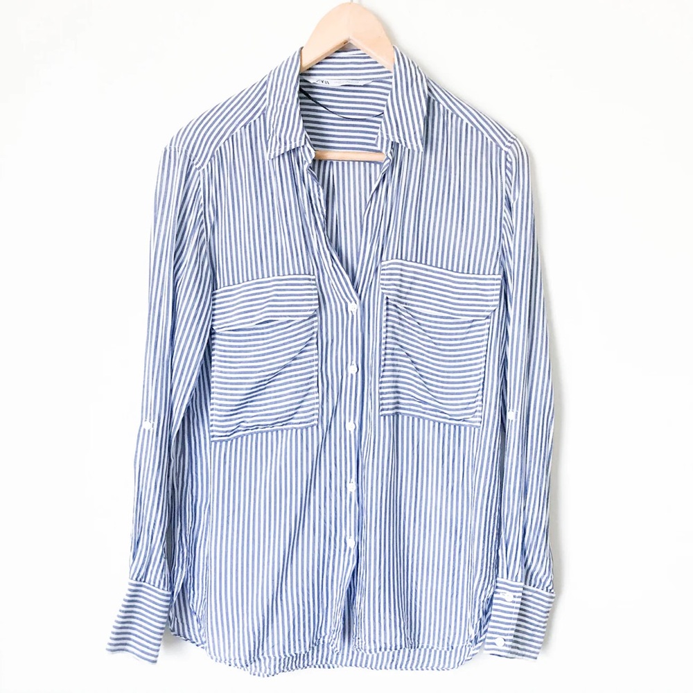 Zara Blue White Striped Viscose ButtonDown Collared Blouse, Sz S, Parisian Style